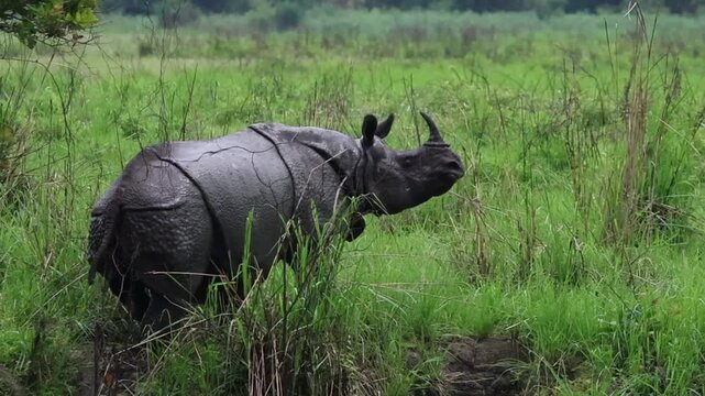 The One horn Rhino is running in the grass.