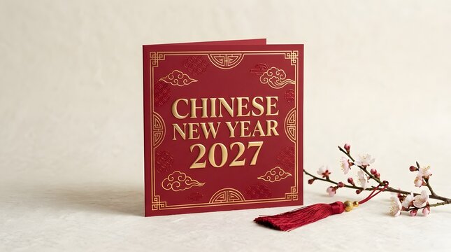 Chinese new year 2027 greeting card with gold and plum blossom branch