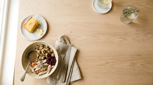 Traditional thanksgiving dinner bowl with turkey and stuffing on wood