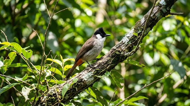 Red-whiskered bulbul perched on a tree branch in forest.