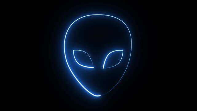 Glowing blue neon alien head outline animation on black background, sci-fi extraterrestrial loop