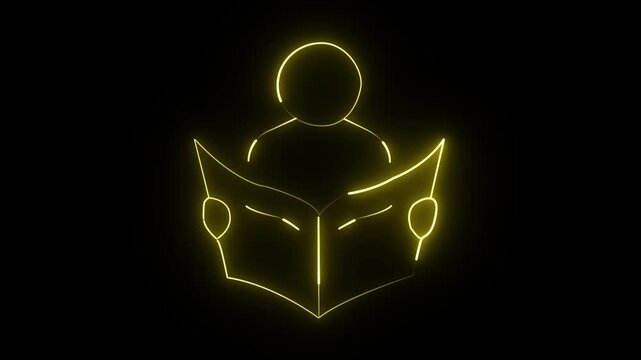Glowing yellow neon person reading a book icon animation on black background, minimalist education and knowledge concept loop