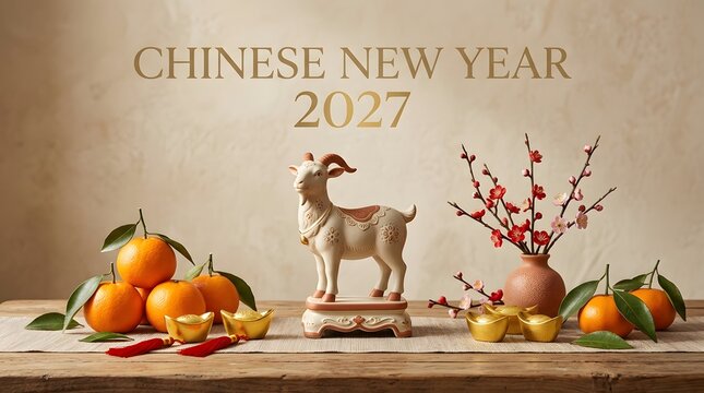 Chinese new year 2027 greeting with goat figurine, oranges, and plum blossoms.