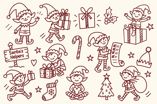 Christmas Elf Doodle Collection, hand drawn holiday line art featuring festive helpers, gift boxes, candy cane, Christmas tree, stocking, stars and seasonal decorations