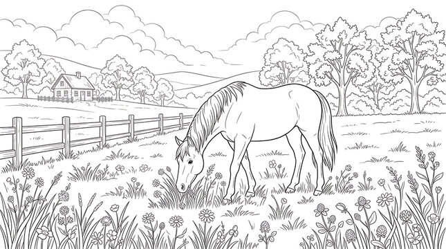 Black and white line art drawing of a horse grazing in a meadow isolated on transparent background