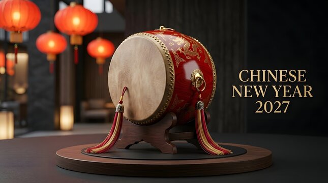 Traditional red chinese drum on a wooden stand with hanging lanterns.
