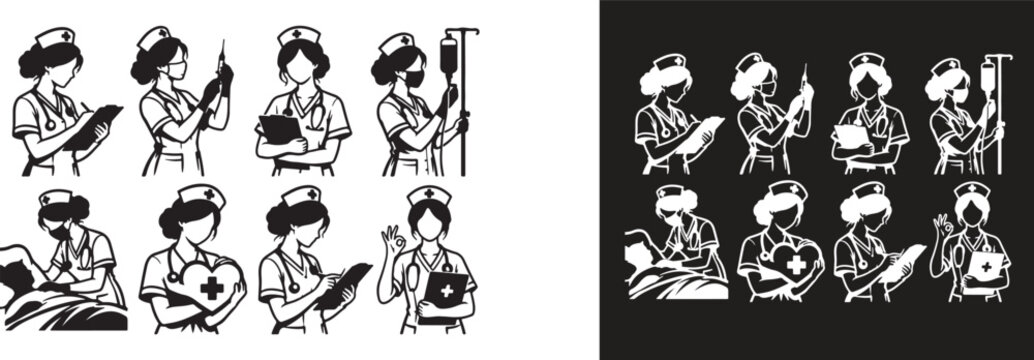 Professional medical care icons featuring diverse female nurses assisting patients and managing hospital duties