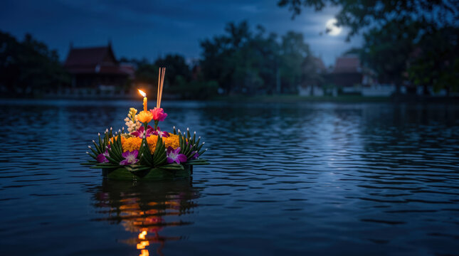 Thai floating offering basket with flowers and candle glowing on calm river at night under moonlight.