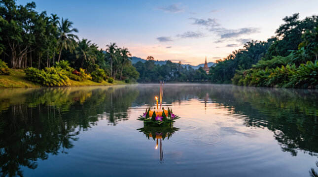 Krathong made from banana leaf and fresh flower floating on tropical lake at sunset, creating peaceful reflection.