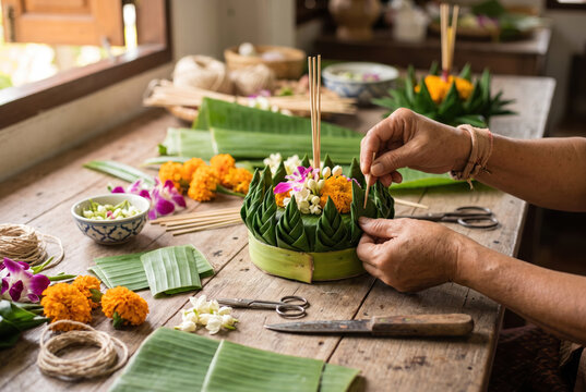 Closeup hand carefully assembling traditional banana leaf offering with fresh flower and natural leaf on wooden craft table.