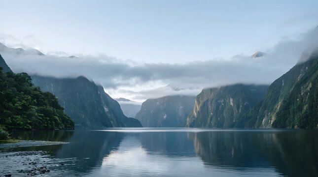 Misty fjord with calm water and steep forested mountain slopes photo