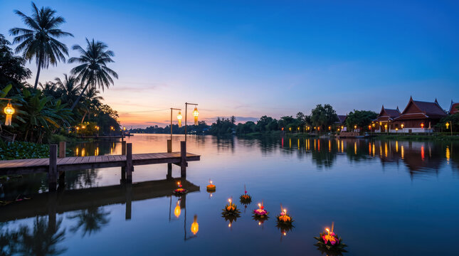 Peaceful riverside krathong scene at blue hour with wooden pier and glowing floating lantern.