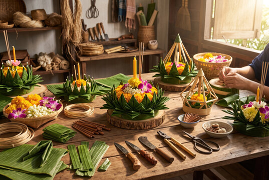 Sustainable Thai festival concept featuring banana leaf craft, floral offering, incense, and natural material on rustic wooden table.