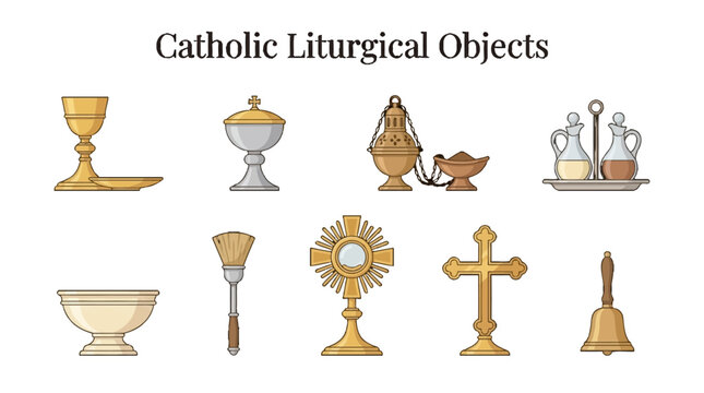 Catholic Liturgical Objects Collection Vector Illustration Isolated on White