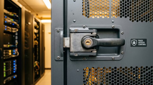 Close-up of a locked server rack door with a keyhole and handle in a data center aisle