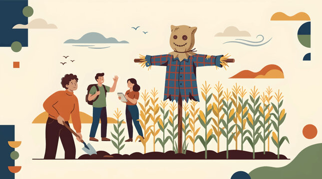 Scarecrow in corn field with organic farmers working harvest agriculture vector illustration Halloween