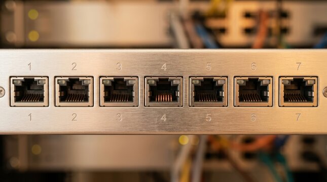 Close-up of multiple metallic RJ45 ethernet network ports on a server rack panel with numbered inputs