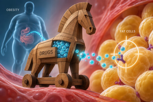Trojan horse obesity drugs targeted delivery concept showing wooden Trojan horse labeled drugs releasing nanoparticles to fat cells for obesity treatment targeted therapy