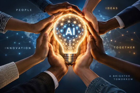 Diverse hands forming glowing light bulb with AI neural network inside representing collaboration innovation collective intelligence human creativity technology connection for teamwork concept