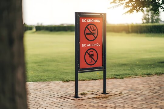 Bright Red Outdoor Sign Prohibiting Smoking and Alcohol Near Lush Green Park Area with Soft Sunlight and Paved