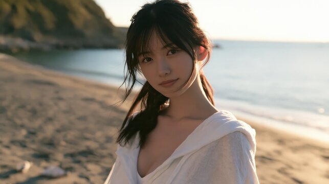 Beautiful young asian woman relaxing on a sandy beach at sunset