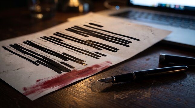 Mysterious redacted document with fountain pen and red stain on a dark desk. Laptop in blurred background. Concept of classified secrets, mystery, and investigation.