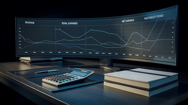 Multiple digital displays showing data visualizations and financial market information indoors