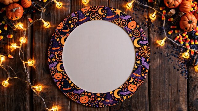 Halloween themed empty plate on dark wooden table with pumpkins and string lights