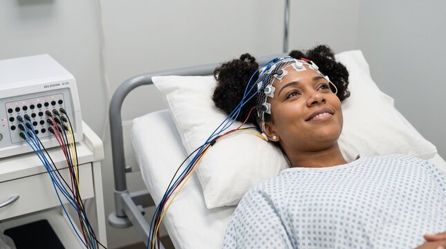 A smiling woman undergoing an EEG test in a medical setting, with electrodes on her head connected to monitoring equipment.