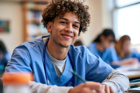 Handsome young male nursing student smiling at camera in classroom while wearing medical blue scrubs and holding pen taking notes during healthcare education course lecture study session