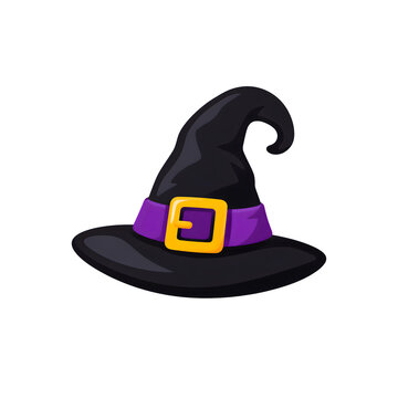 Black witch hat with purple ribbon and gold buckle Halloween vector illustration