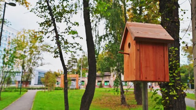 Wooden birdhouse with gabled roof on metal post, urban park, green trees, yellow foliage, grassy area, paved path, modern buildings, street lamp