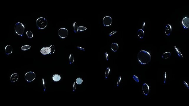 Premium 3D animation of floating silver/platinum coins in zero gravity with neon cyber lighting, solid black background, and no clipping.