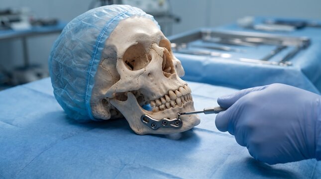Close Up of a Human Skull in a Surgical Cap on an Operating Table with a Gloved Hand Holding a Tool, Concept of Maxillofacial Surgery and Medical Training.
