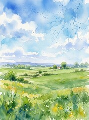 Naklejka premium Beautiful Watercolor Painting of a Serene Rural Landscape with Rolling Green Hills and a Small Country Cottage