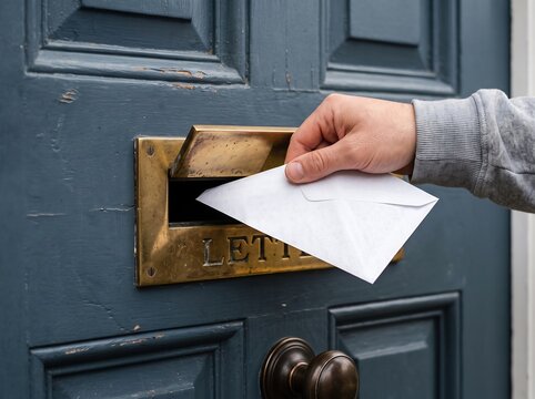 Hand placing a white envelope into a brass letterbox of a residential front door with blue door mail delivery sending letter mail slot door hardware mail drop