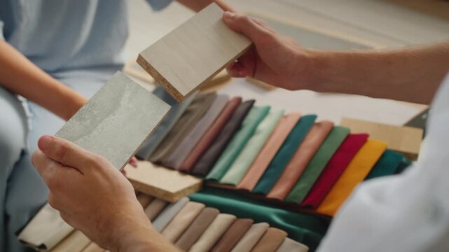 Interior designers matching material samples for home renovation project with fabric swatches and wood planks.