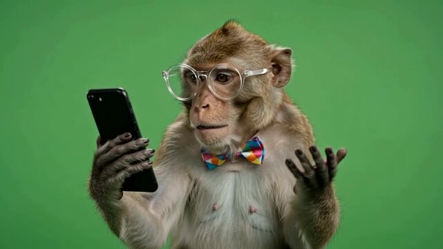 Monkey wearing glasses and bowtie looking confused at a smartphone screen against a green background