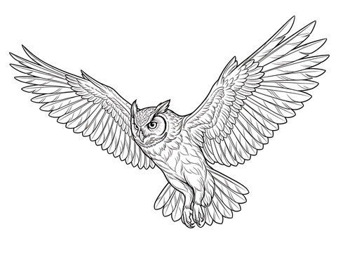 Flying great horned owl with wide wings line art coloring page vector illustration