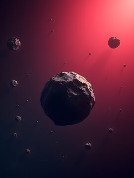 Dark space scene with large and small asteroids floating in a red and black nebula for sci-fi and cosmic designs