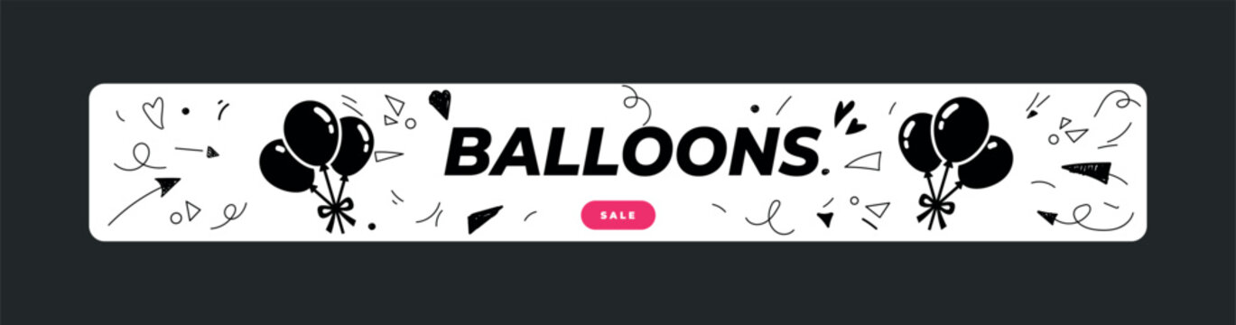 Long white hanging banner with Birthday celebration balloons and sale label. Balloons text.