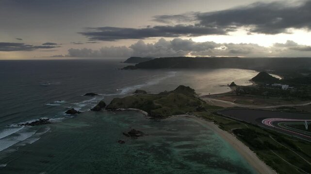 Aerial View of Mandalika International Street Circuit and Kuta Beach in Lombok Indonesia at Sunset