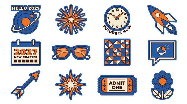 Retro New Year 2027 Sticker Set, Vintage Blue and Orange Icon Collection, Vector Graphic Elements for Calendar Design