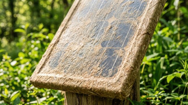 Close-up of a very dirty solar panel covered in dust and grime, mounted on a weathered wooden post amidst lush greenery, highlighting maintenance needs for optimal energy generation.