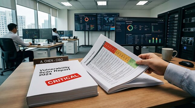 An IT professional, a CISO, examines a critical vulnerability scan report while network security dashboards display data in the background.