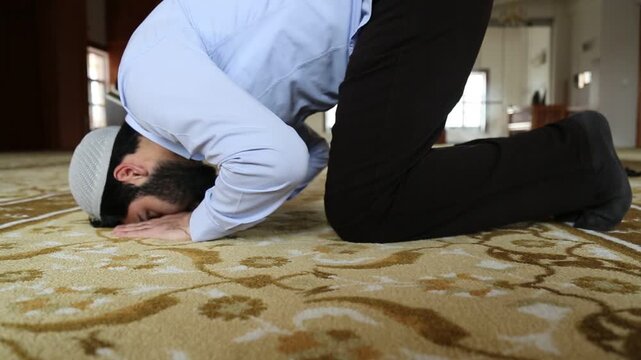 Muslim Man Praying in Prostration Inside Mosque