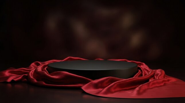 Black pedestal surrounded by luxurious red silk fabric in dark studio setting for product presentation and commercial exhibition