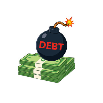 Debt bomb concept on a stack of cash representing financial burden, debt, loan risk, bankruptcy, and economic crisis