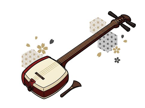 Traditional Japanese shamisen instrument with cherry blossom motifs