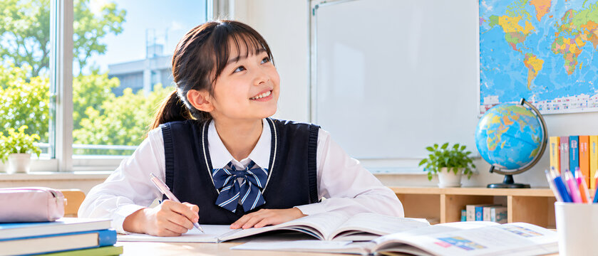 明るい教室で英語の勉強に取り組む女子中学生
